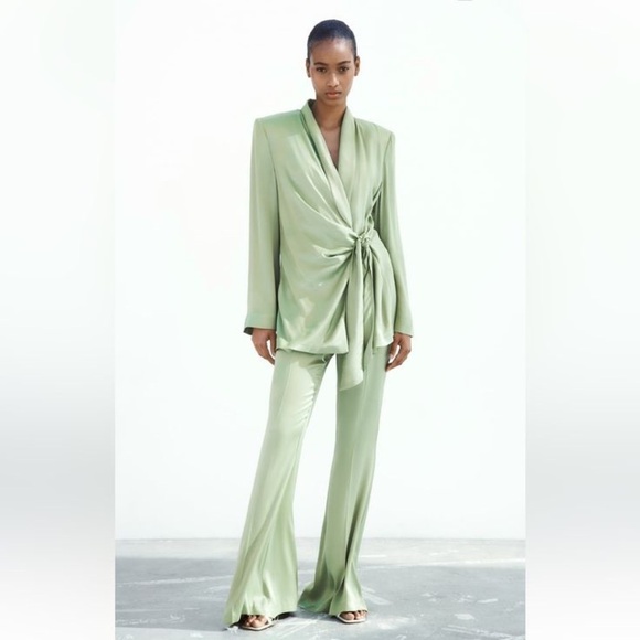 NWT Zara Flared Satin Effect Pants Green. - Picture 1 of 2